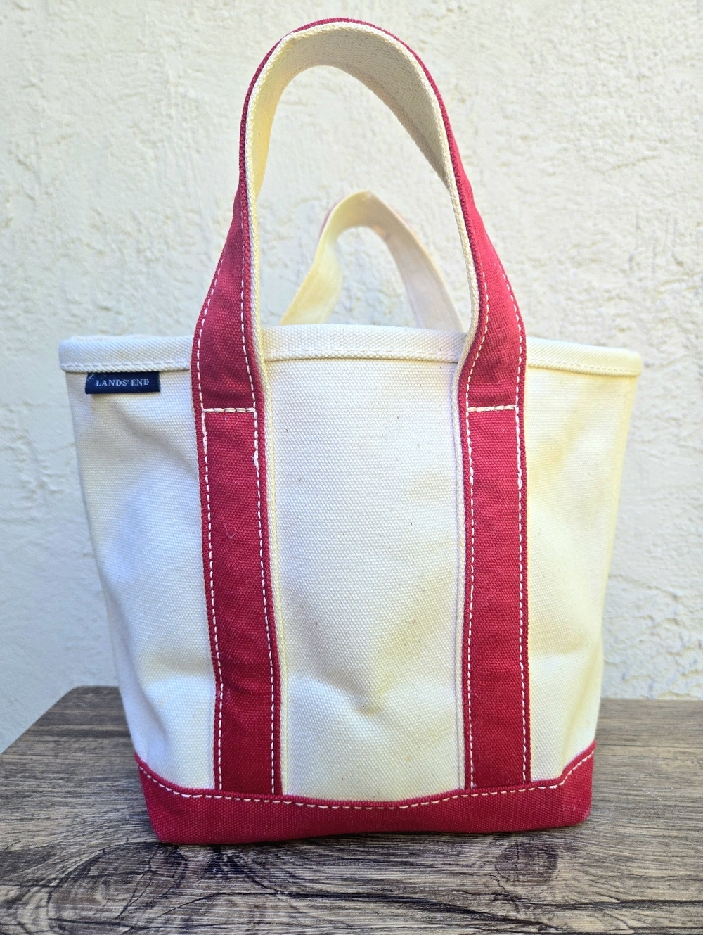 Vintage Lands' End Heavy Duty Cream Canvas Small Tote with Red Accents